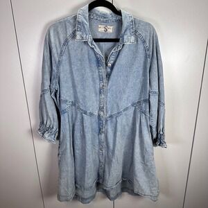 We The Free Women S Hannah‎ Denim Shirt Dress Buttons Cinched Sleeve Light Wash